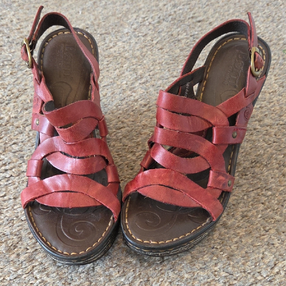 Born Women's Red Leather Wedged  Sandals Size 8